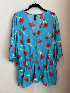 ASOS Curve Turquoise Floral V-Neck Button Peplum Blouse